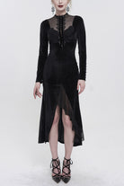 Black Small Stand Collar Cashew Paisley Lace On Chest Mesh Paneled Asymmetrical Hem Long Sleeve Women's Gothic Dress