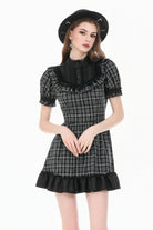 Black/White Plaid Stand Collar Short Puff Sleeves Ruffled  Lace Lace-Up Women's Lolita Gothic Dress