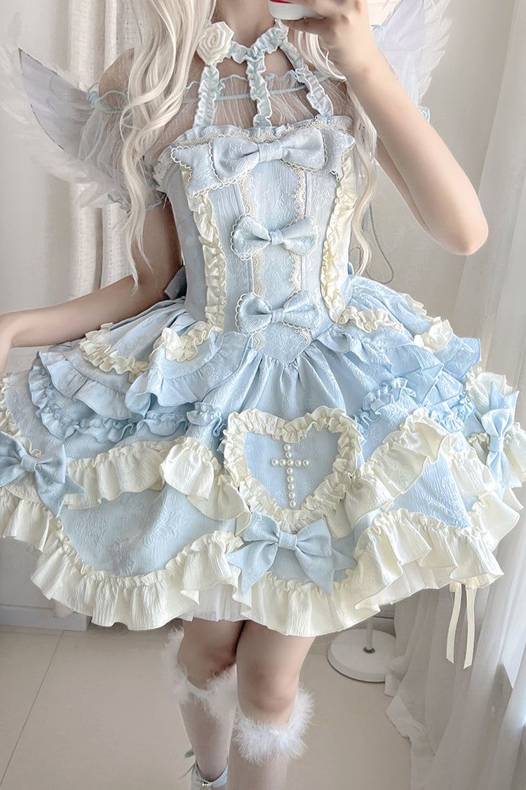 Blue [Heart of Butterfly] Halterneck Sleeveless Multi-Layered Ruffle Embroidery Princess Ballet Lolita Jsk Dress Set