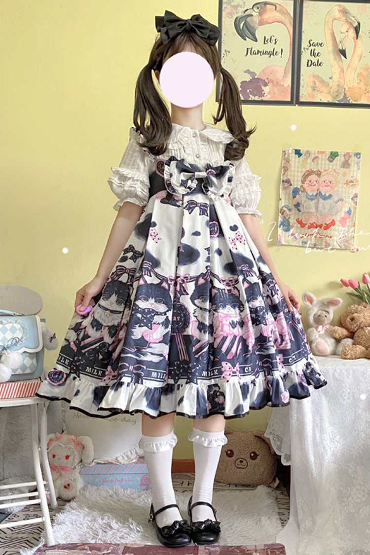 Multi-Color Cow Cat Print Ruffle Bowknot Sweet Lolita Jsk Dress