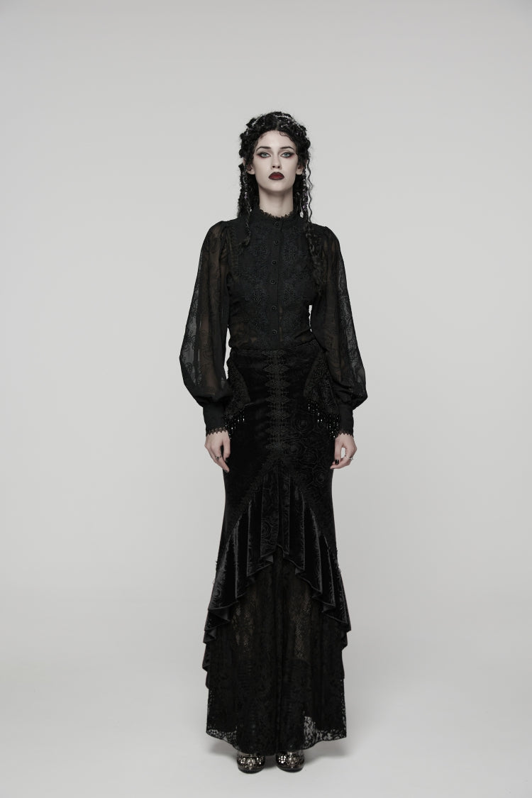 Black Printed Cut-Out Embroidered Lace Slim Irregular Women's Gothic Gorgeous Palace Cosplay Fishtail Skirt