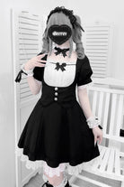 Black/White Short Sleeves Ruffle Bowknot Cross Waist Maid Sweet Japanese Lolita Dress Set