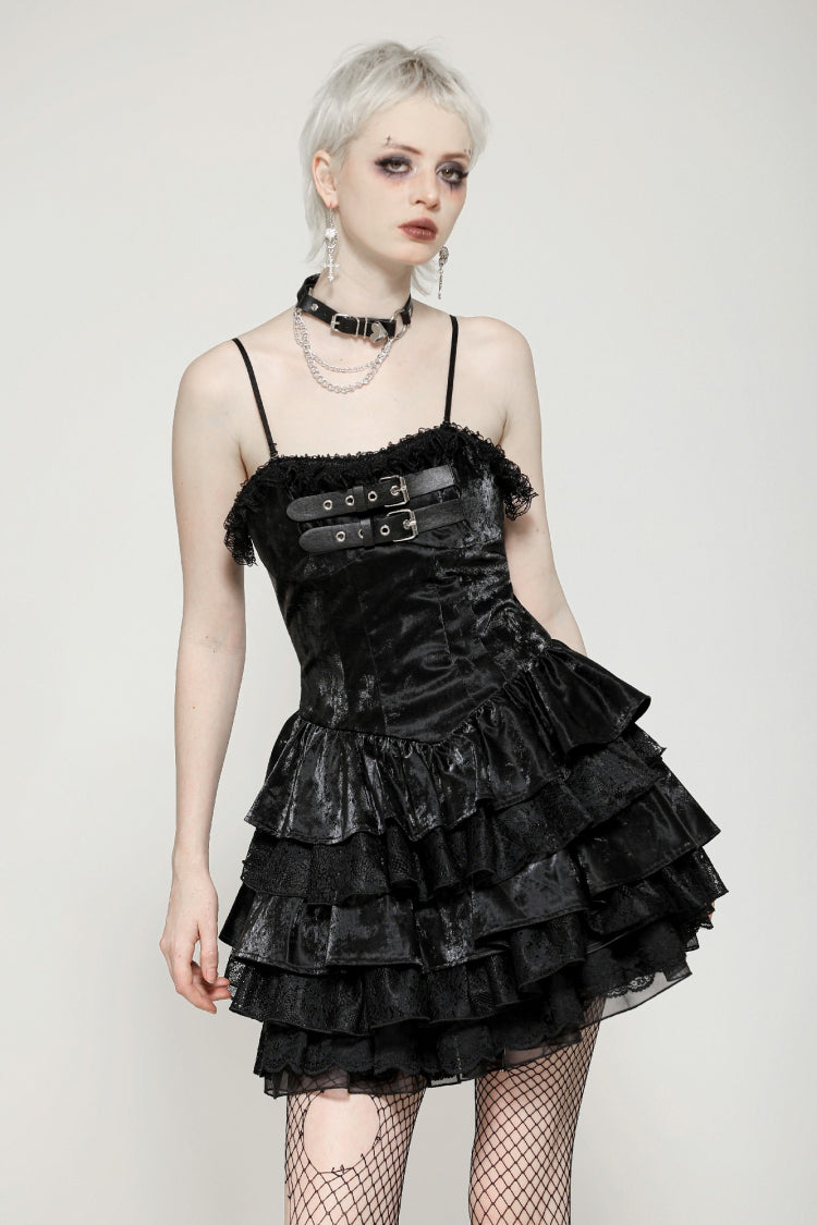 Black Sleeveless Multi-Layered Ruffled Women's Punk Party Slip Dress Graduation Dress