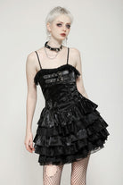 Black Sleeveless Multi-Layered Ruffled Women's Punk Party Slip Dress Graduation Dress