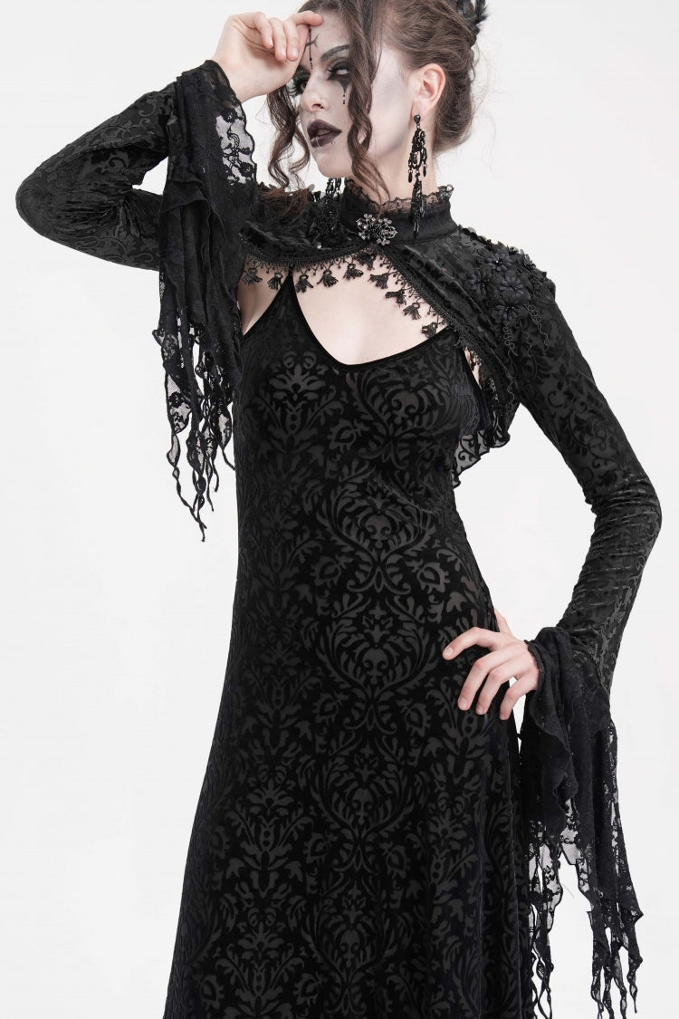Black Stand Collar Long Sleeves Lace Tassels Women's Gothic Cape