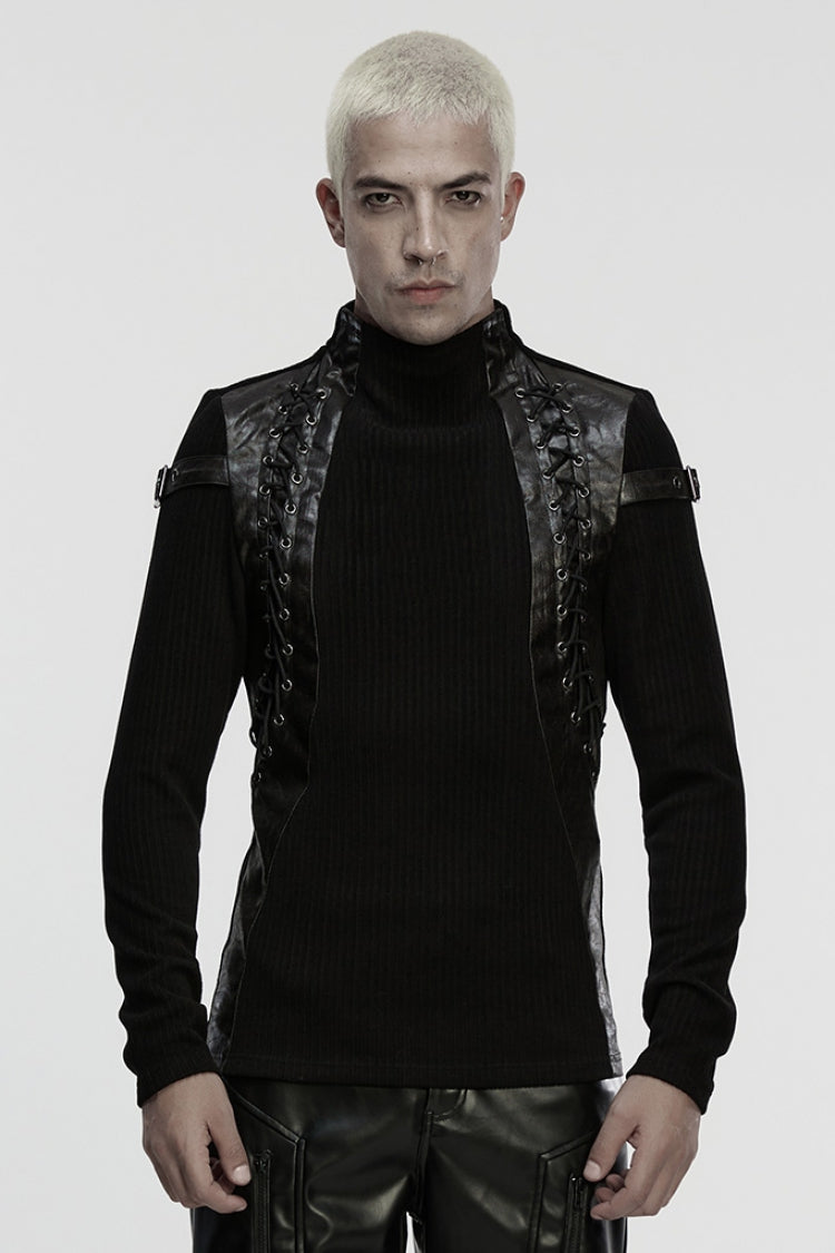 Black Stand Collar Long Sleeves Spliced Buckled Strappy Men's Punk Top