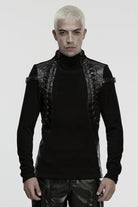 Black Stand Collar Long Sleeves Spliced Buckled Strappy Men's Punk Top