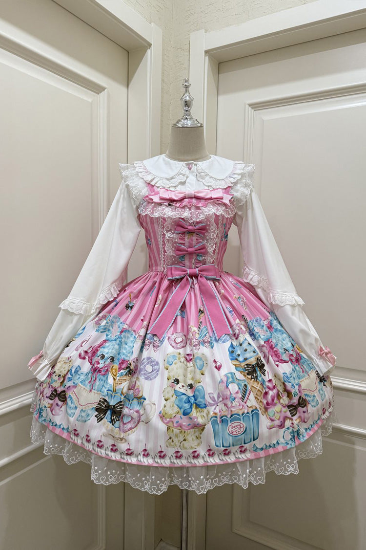 Pink [Floral Whisper] Bear Print Ruffle Bowknot Lace Sweet Princess Lolita Jsk Dress