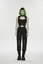 Black Women's Punk Handsome Buckle-up Studded Mesh Cargo Pants