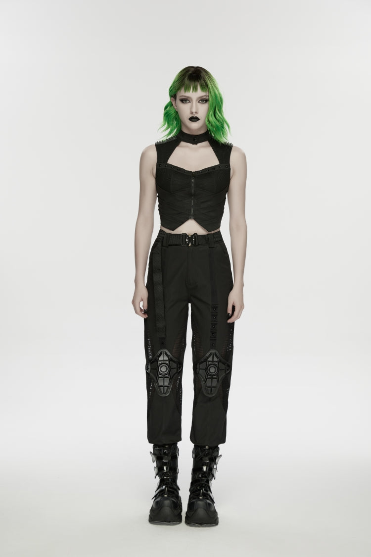 Black Women's Punk Handsome Buckle-up Studded Mesh Cargo Pants