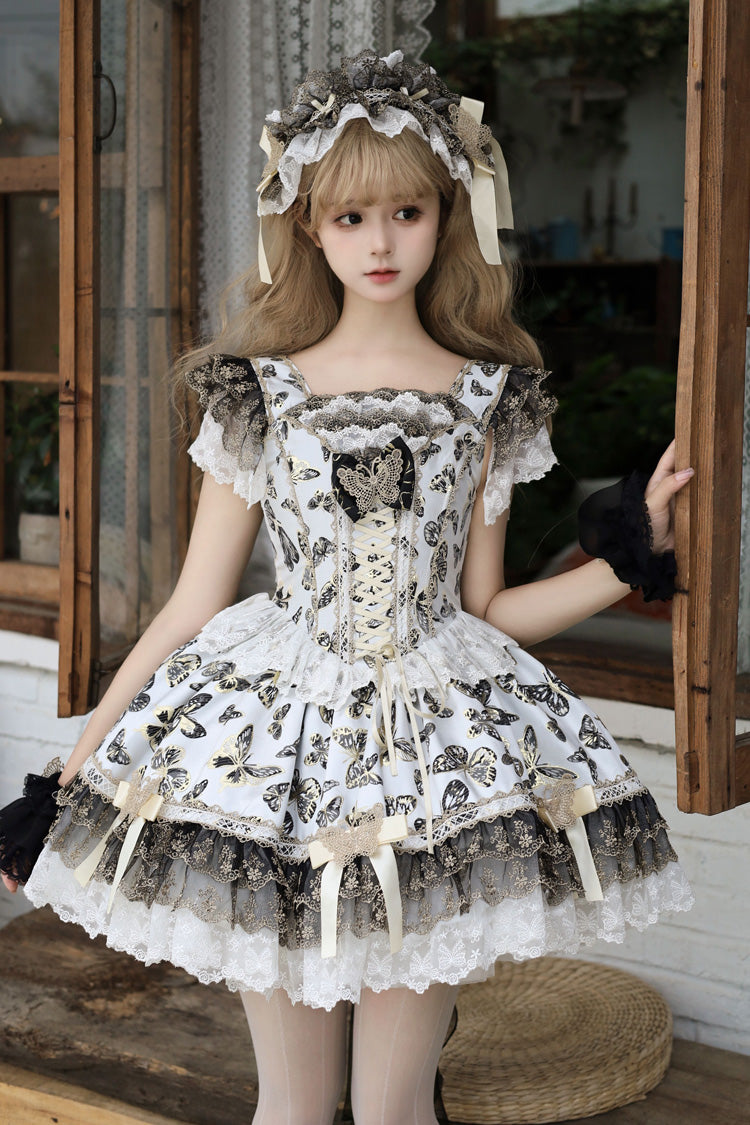 Cream [Golden Spirit â€?Dream Butterfly] Sleeveless Print Ruffle Bowknot Lace-Up Sweet Princess Lolita Jsk Dress Set