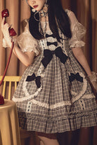 Black/White High Waist Bowknot Ruffled Plaid Sweet Lolita JSK Dress