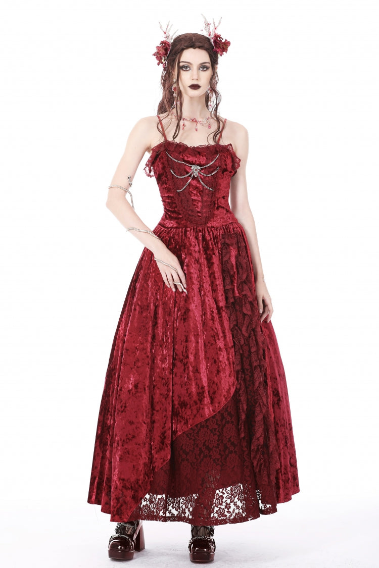 Red Sleeveless Spliced Lace Chain-Decorated Women's Gothic Velvet Slip Maxi Dress