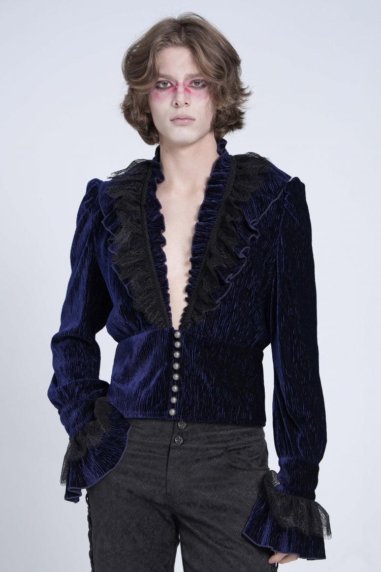 Blue V Collar Long Sleeves Ruffle Stitching Lace Men's Gothic Blouse