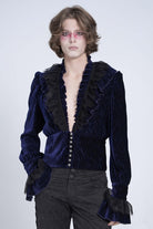 Blue V Collar Long Sleeves Ruffle Stitching Lace Men's Gothic Blouse