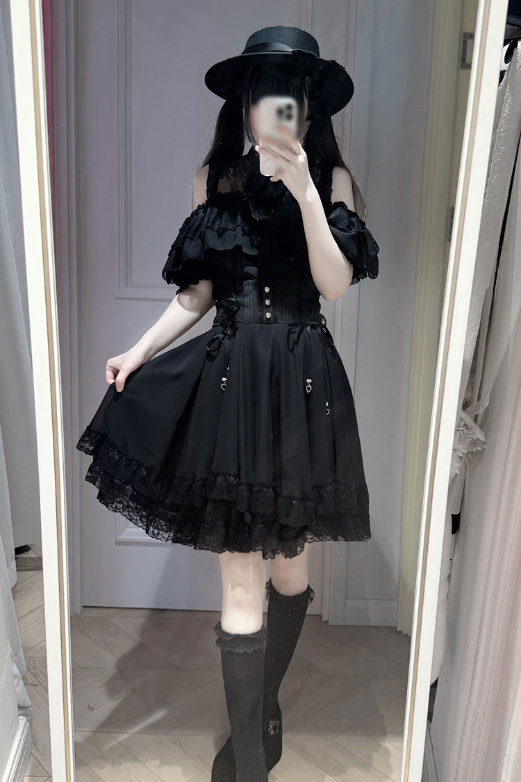[Highness White Camellia] Off Shoulder Short Sleeves Double-Layered Ruffled Bow Lace Lace-Up Jirai Kei Plus Size Japanese Skirt Blouse Set 2 Colors