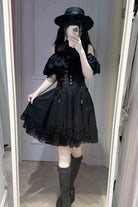 [Highness White Camellia] Off Shoulder Short Sleeves Double-Layered Ruffled Bow Lace Lace-Up Jirai Kei Plus Size Japanese Skirt Blouse Set 2 Colors