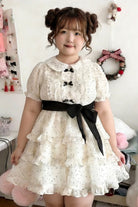 White Doll Collar Short Sleeves Triple-Layered Polka Dots Printed Ruffled Bow Plus Size Princess Sweet Lolita Dress
