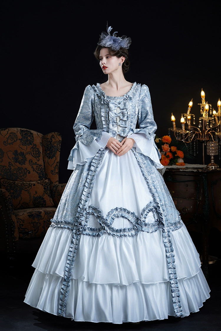 Blue Long Trumpet Sleeves Jacquard Ruffle Bowknot Princess Lolita Victorian Dress