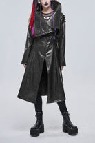 Black/Gray Large Neckline Design Long Leather Shoulder String Decoration Women's Punk Jacket