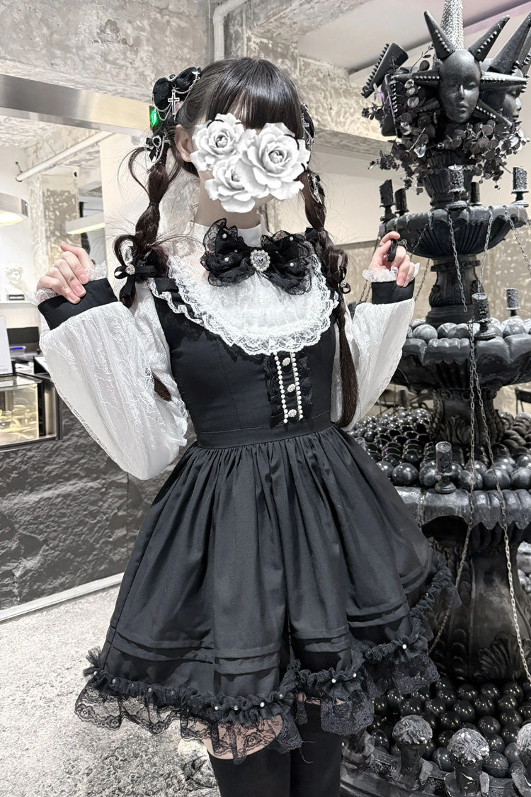 Black/White [Thorn Doll] Long Sleeves Ruffled Bow Pearl-Decorated Gothic Jirai Kei Dress
