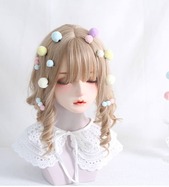 Xiaogui - Bared Sweet Lolita Accessory Pink and Blue Pompom Hair Clip