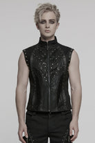 Black Stand Collar Stitching Mesh Men's Punk Vest