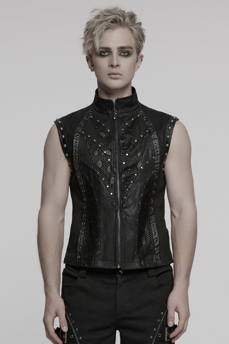 Black Stand Collar Stitching Mesh Men's Punk Vest