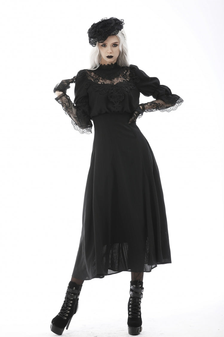 Black Stand Collar Cut-Out Half Sleeves Lace Spliced Women's Gothic Maxi Dress