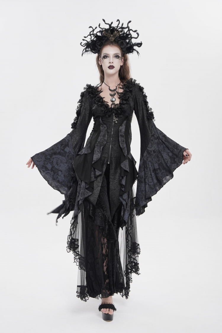 Black V Collar Long Trumpet Sleeves Printed Slim Women's Gothic Rose Feather Gorgeous Blouse