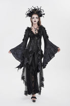 Black V Collar Long Trumpet Sleeves Printed Slim Women's Gothic Rose Feather Gorgeous Blouse