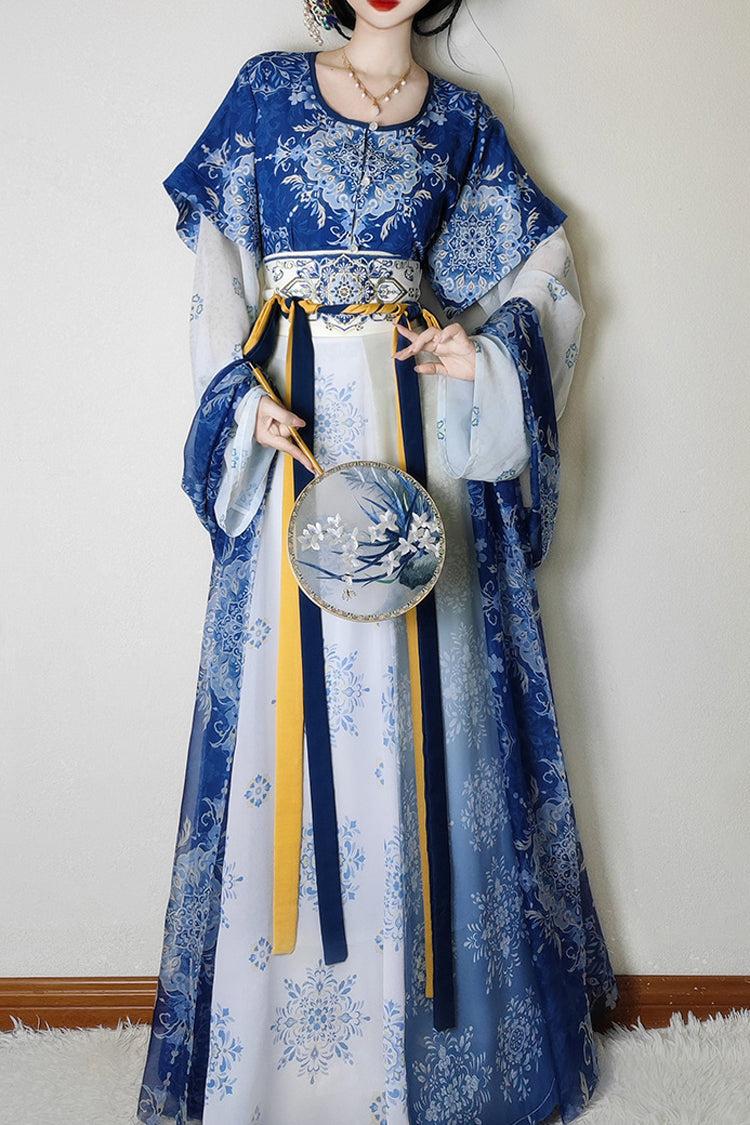 Round Collar High Waisted Print Slim Women's Classic Hanfu Dress Full Set