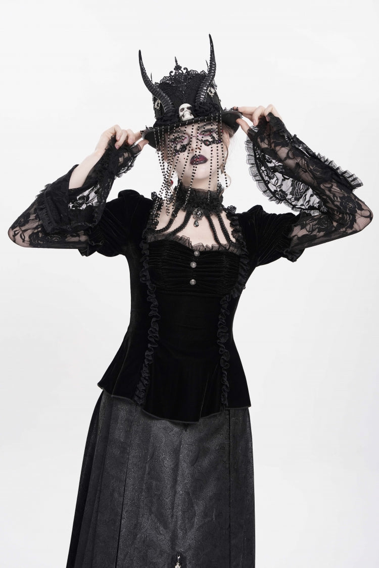 Black Long Trumpet Sleeves Lace Mesh Faux Two-Piece Pleated Eyelet Women's Gothic Palace Velvet Blouse