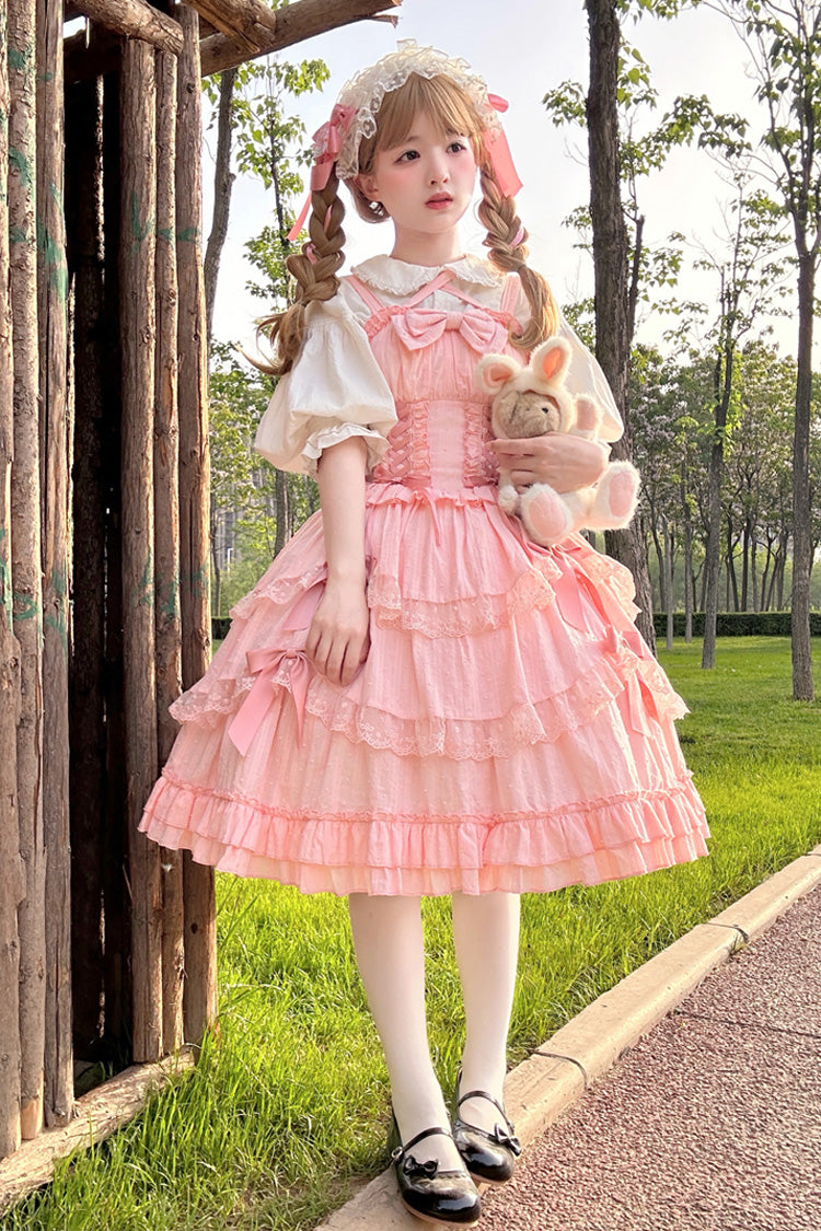 Pink [Miss Pearl] Sleeveless Double-Layered Bowknot Lace Lace-Up Sweet Lolita Jsk Dress