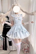 Light Blue [Confession Heartbeat] Short Sleeves Double-Layered Ruffled Bow Lace Sweet Jirai Kei Japanese Dress Set