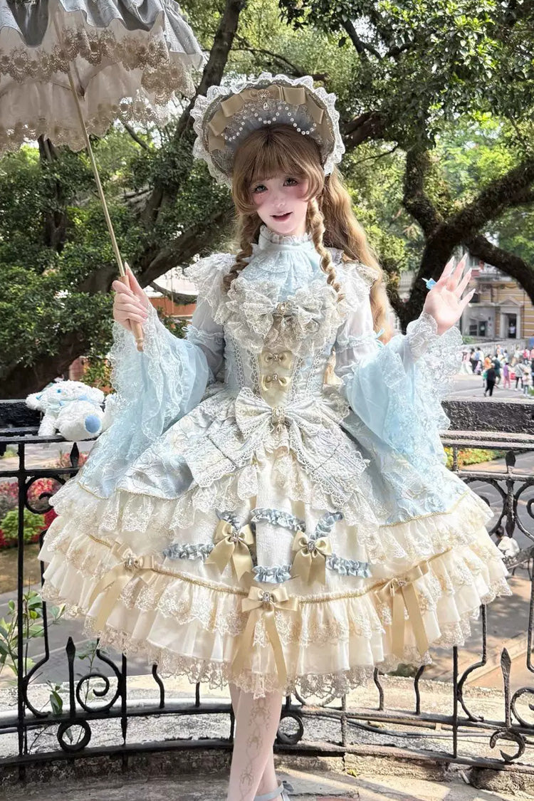 Blue [Gilded Waltz] Square Collar Sleeveless Printed Ruffled Embroidered Bow Lace Gorgeous Sweet Lolita Jsk Dress