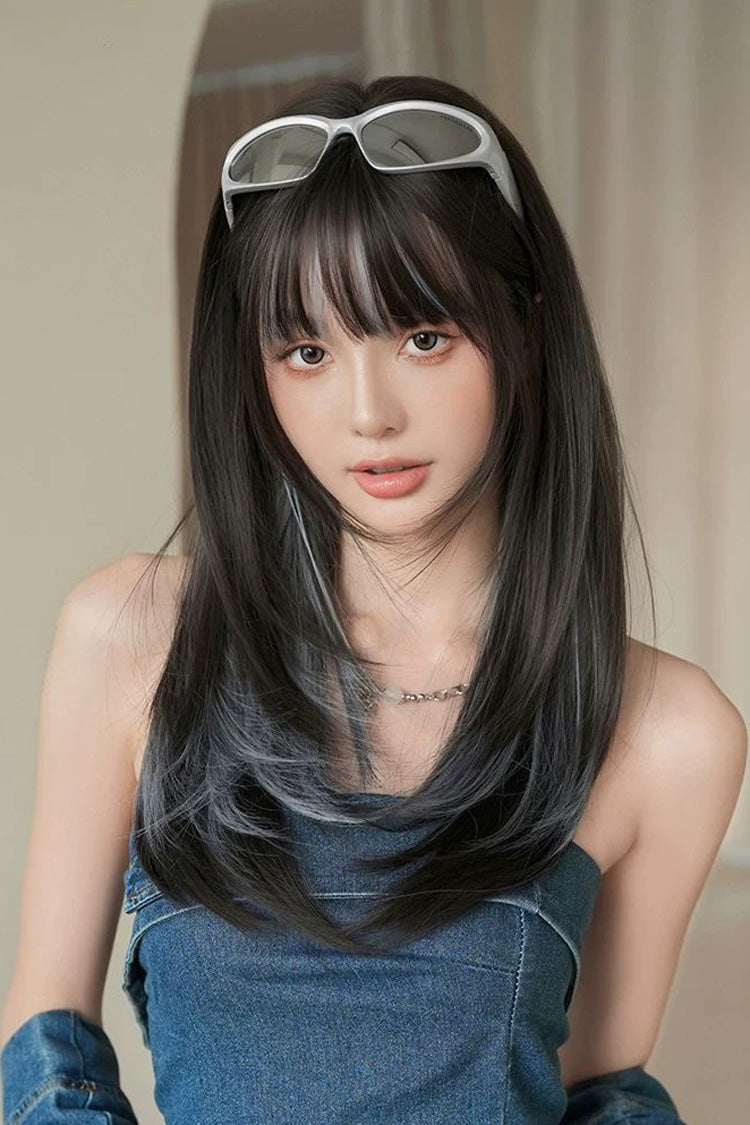 Multi-Color Clear Water Blue Highlights Full Bangs Long Straight Lolita Wig