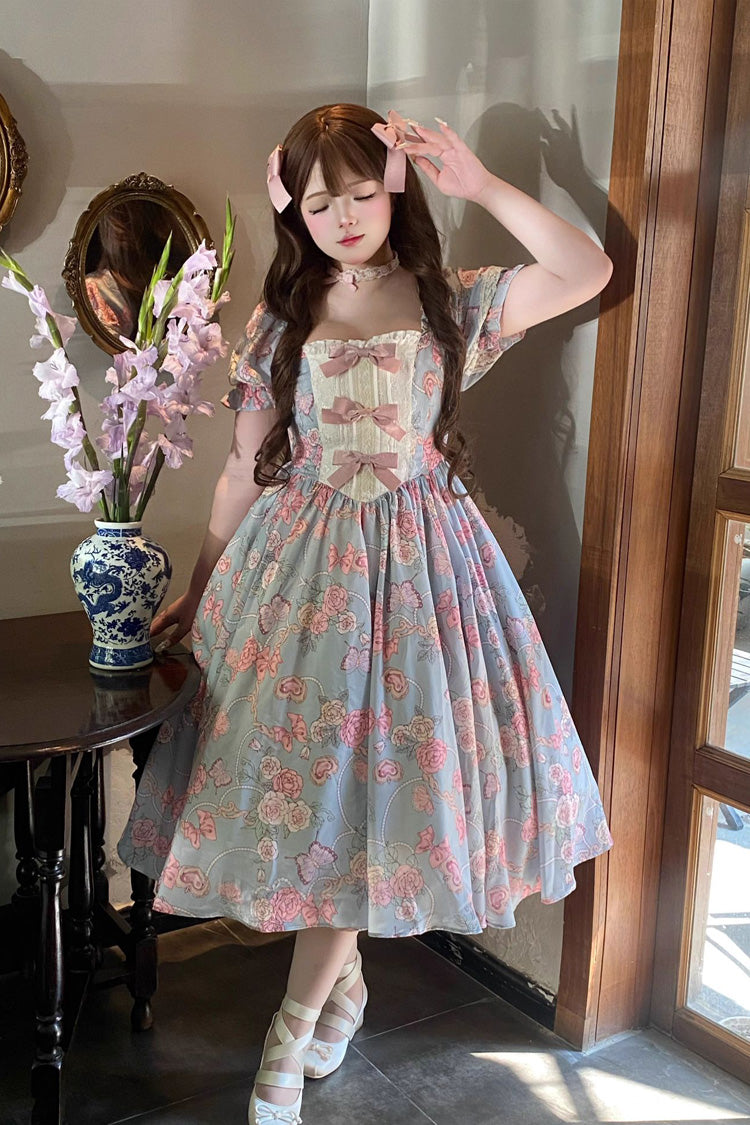 Blue Gem Rose Print Short Puff Sleeves Ruffle Bowknot Sweet Plus Size Lolita Dress