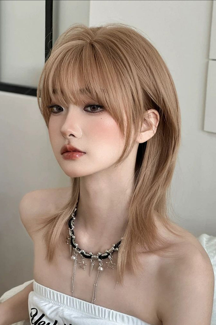 Chestnut Linen Wolf Cut Samurai Style Clavicle‑Length Sweet Lolita Full Wig