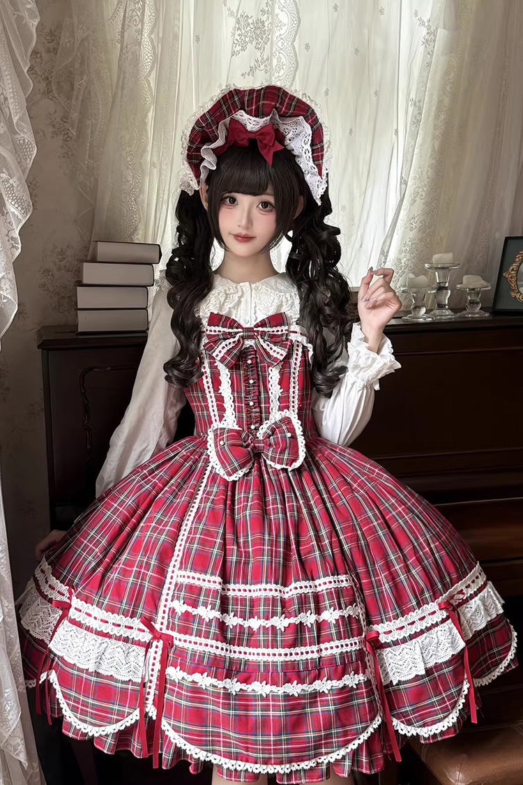 Red [Gingham Petal Bunny] Printed Ruffled Bow Sweet Lolita Jsk Dress