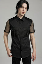 Black Lapel Collar Short Sleeves Mesh Stitching Men's Punk Blouse