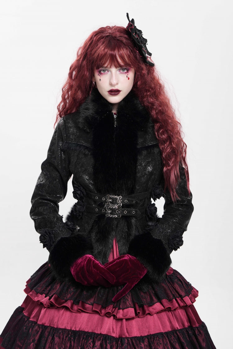 Black Long Sleeves Rose Floral Embroidery Buckle Straps Women's Gothic Coat