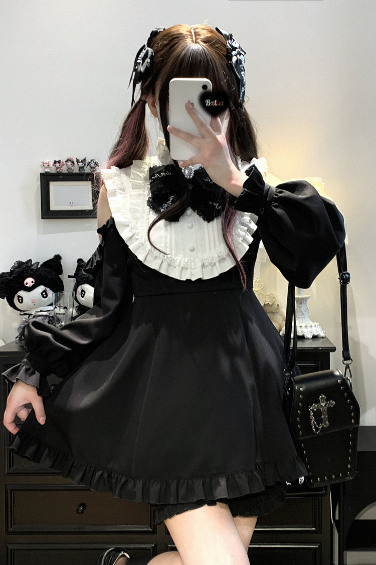 Black/White [Rose Princess] Off Shoulder Long Sleeves Ruffle Bowknot Gothic Jirai Kei Dress