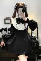 Black/White [Rose Princess] Off Shoulder Long Sleeves Ruffle Bowknot Gothic Jirai Kei Dress
