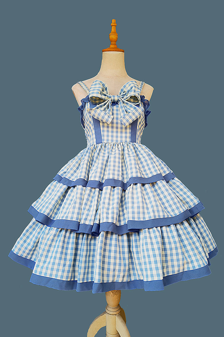 Blue [Cloth Cat] Triple-Layered Plaid Print Ruffle Bowknot Sweet Lolita Dress 2 Colors
