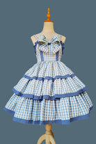 Blue [Cloth Cat] Triple-Layered Plaid Print Ruffle Bowknot Sweet Lolita Dress 2 Colors