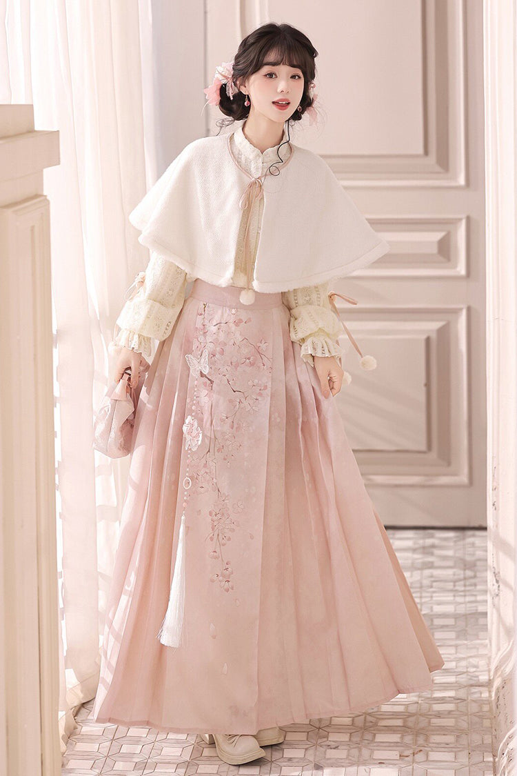 Pink [Cherry Blossoms Falling] Stand Collar Long Sleeves High Waisted Jacquard Printed Women's Sweet Hanfu Dress Set