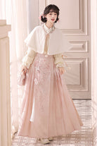 Pink [Cherry Blossoms Falling] Stand Collar Long Sleeves High Waisted Jacquard Printed Women's Sweet Hanfu Dress Set
