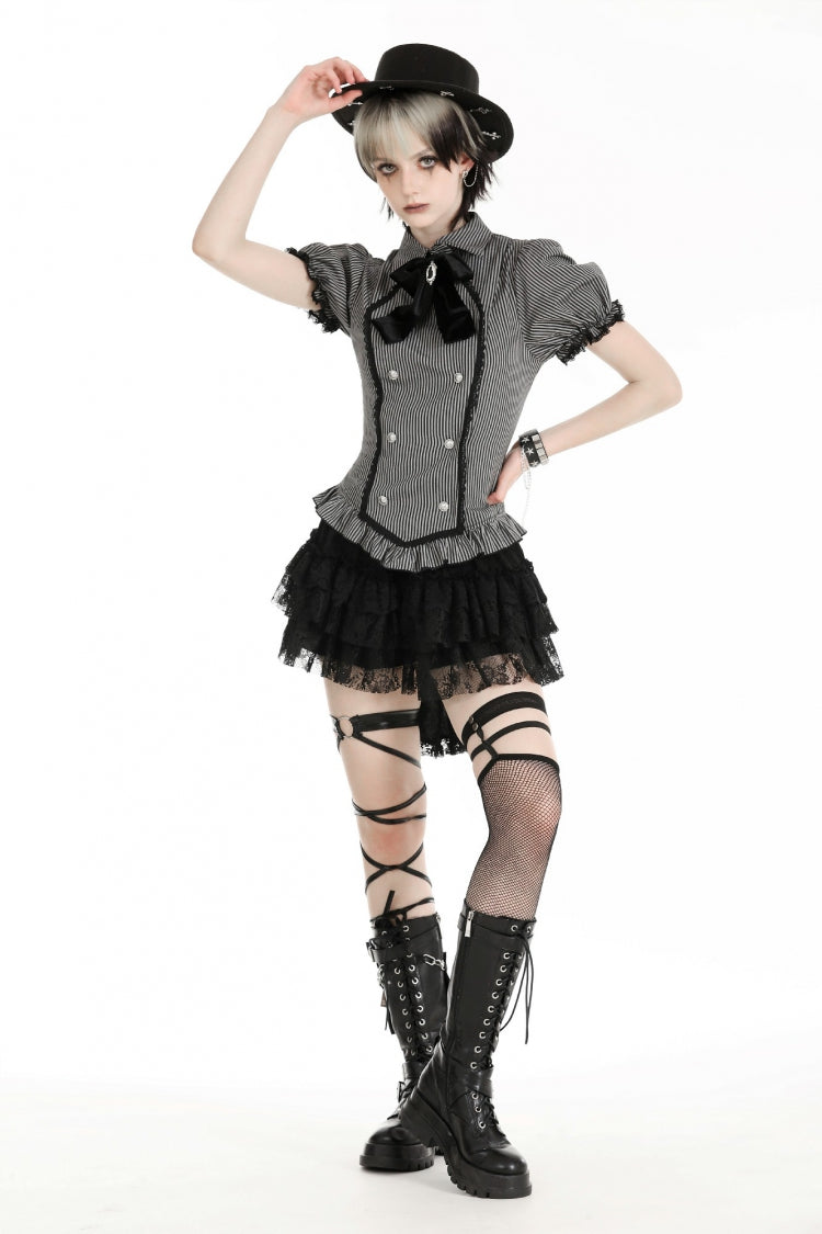 Black/Grey Short Puff Sleeves Lace-Up Striped Double-Breasted Women's Gothic College Style Blouse