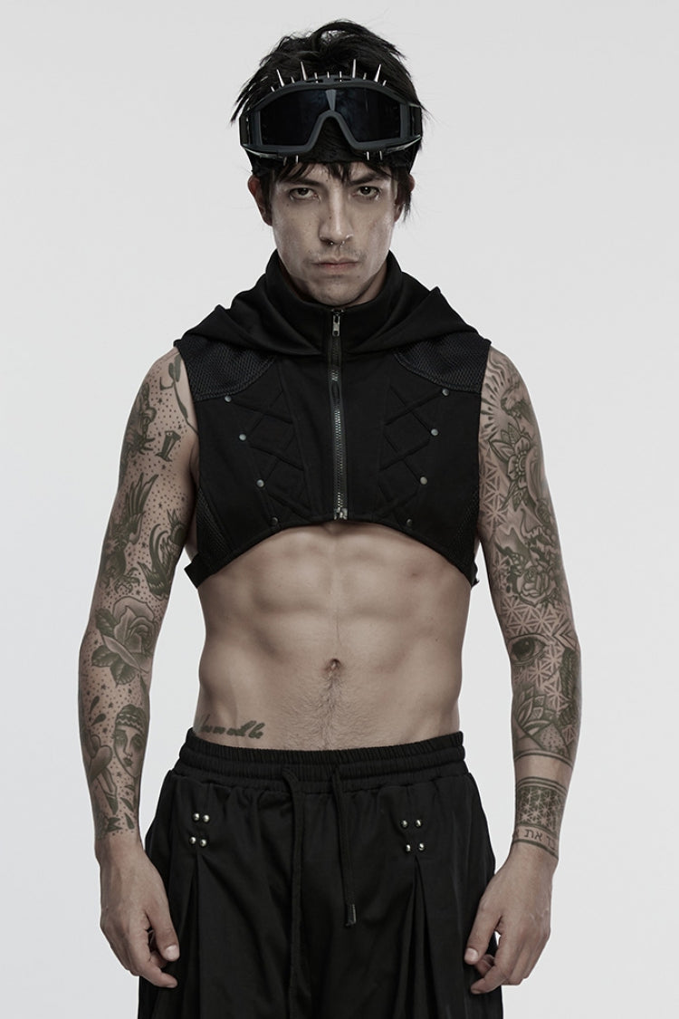Black Stand Collar Sleeveless Hooded Zipper Men's Punk Vest